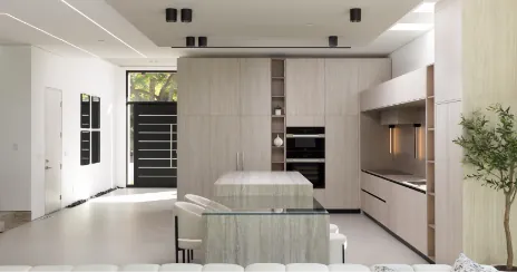 Modern open-concept floor plan connecting living and kitchen areas in Cupertino by Ritz Builders