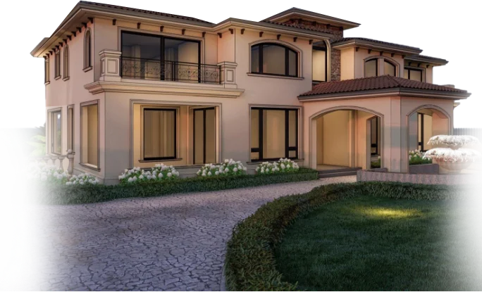 Luxurious two-story house with warm lighting