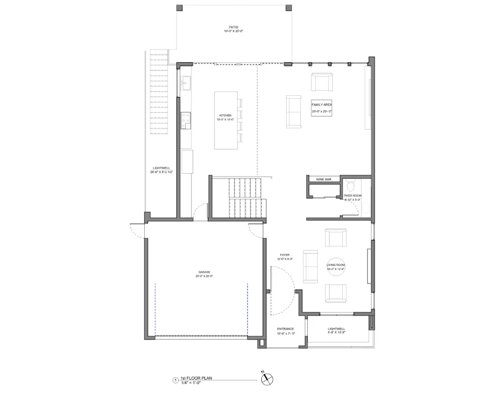 Custom home first floor blueprint and architectural plans designed to maximize buildability on a specific Bay Area parcel.