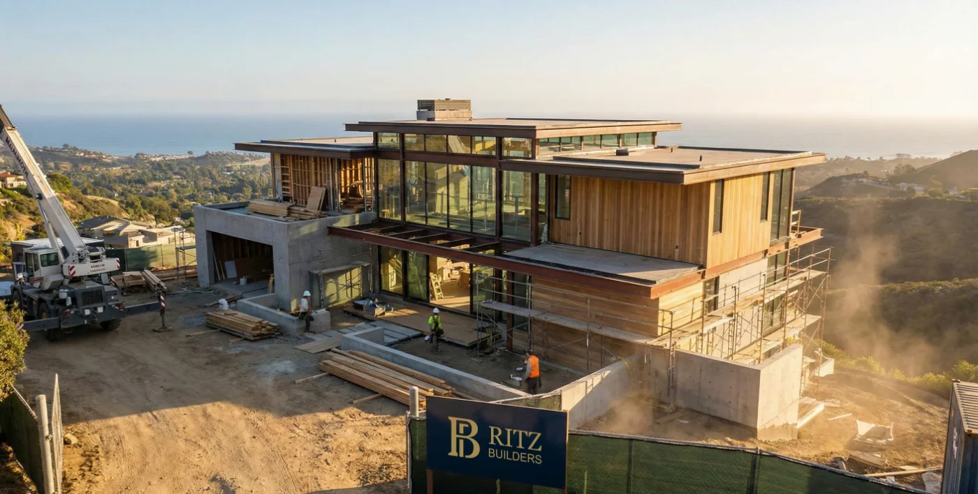 Complex hillside custom home under construction in the Bay Area, featuring engineered retaining walls, structural steel, and deep foundations by Ritz Builders.