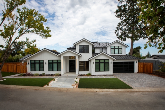 signature modern luxury farmhouse style custom home exterior by Ritz Builders in Saratoga california